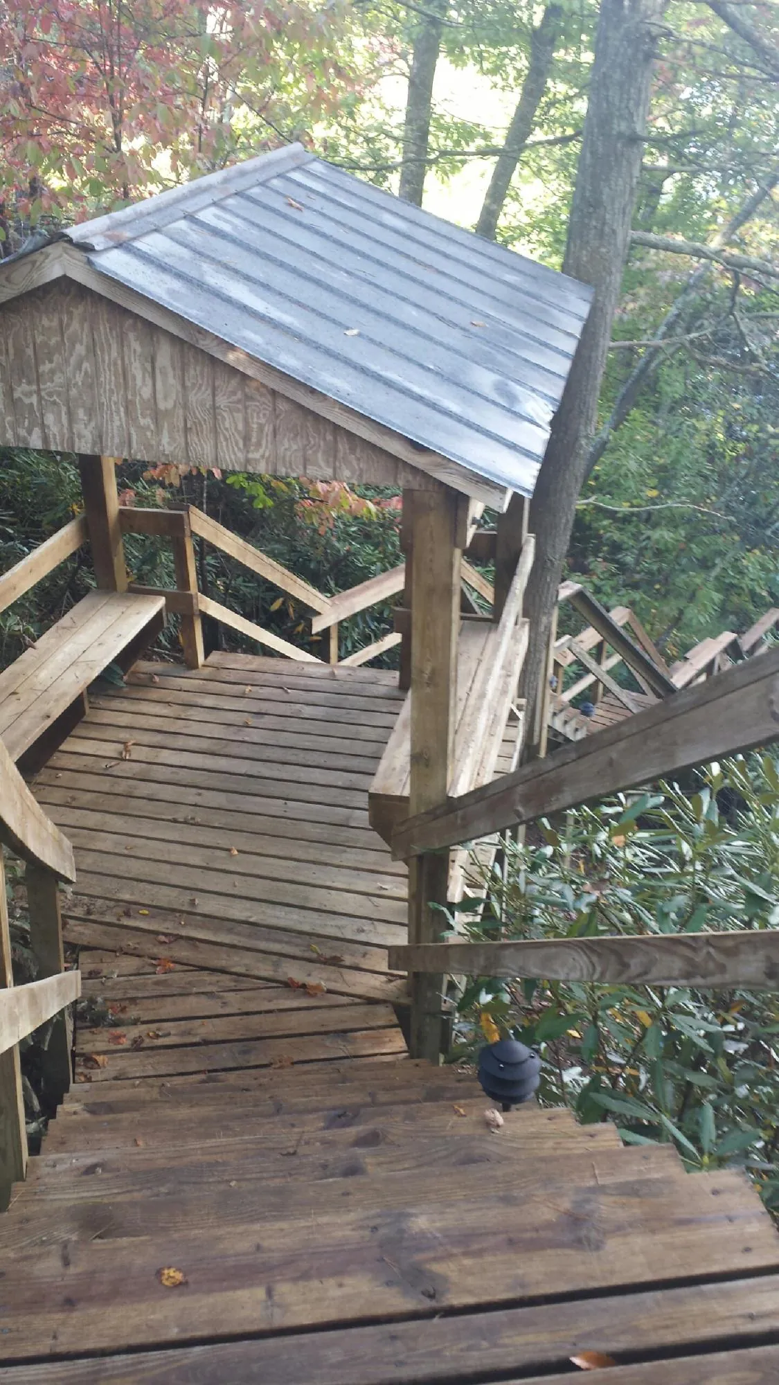 Metal roofed shelter over wooden steps on a wooded walkway — Skylight Repair & Installation work by our crew in Keller